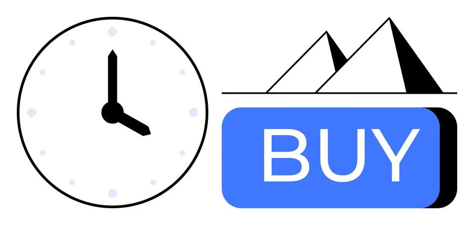 Clock icon next to pyramids and blue buy button representing urgency and in.. Stock Illustration