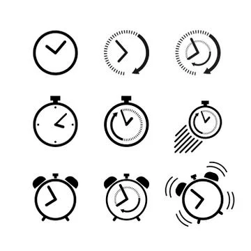 Clock icon set Clock, alarm clock, deadline Stock Illustration