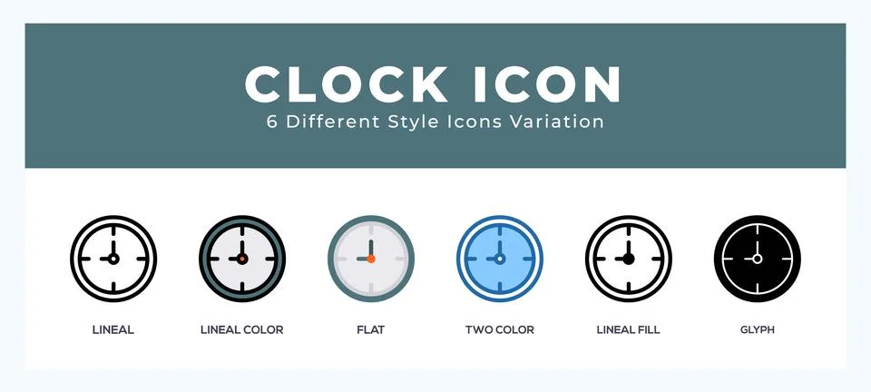 Clock icon set with different styles. Vector illustration. Stock Illustration