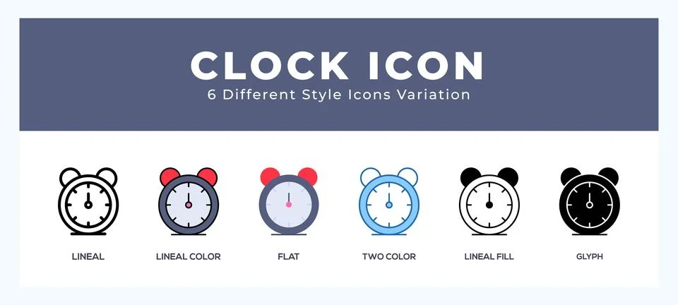 Clock icon set with different styles. Icons designed in filled. outline. fl.. Illustrazione stock
