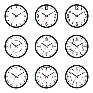 Clock icon set vector wall clocks collection black round watches isolated Stock Illustration