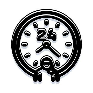 Clock icon showing 24 hour customer support Stock Illustration