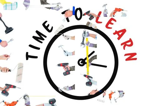Clock icon with time to learn text against multiple hand holding tools against Stock Photos