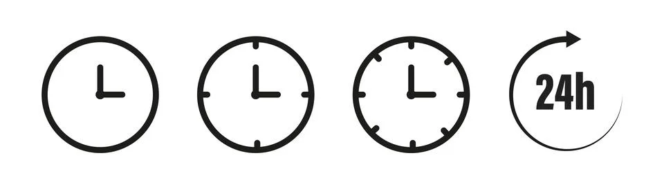 Clock icons set. Colection of timers and clocks in line styl . Black illusrat Stock Illustration