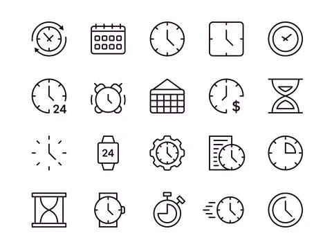 Clock icons. Time on watch. Date calendar. Hour timer. Stopwatch alarm. Deadl Illustrazione stock