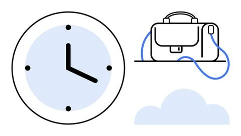 Clock illustrating time, briefcase signifying business and professional work, Illustrazione stock