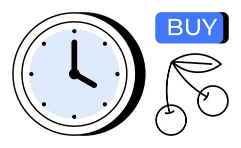 Clock indicating time, cherries attached to stem, and blue BUY button. Ideal  Stock Illustration