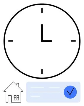 Clock indicating time with home icon and approved document, emphasizing tim.. イラスト素材