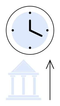 Clock indicating time placed above a government building with an upward arrow Ilustración de archivo