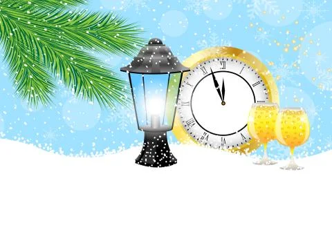 Clock, lantern and champagne with the branches of fir-tree on to snow Stock Illustration