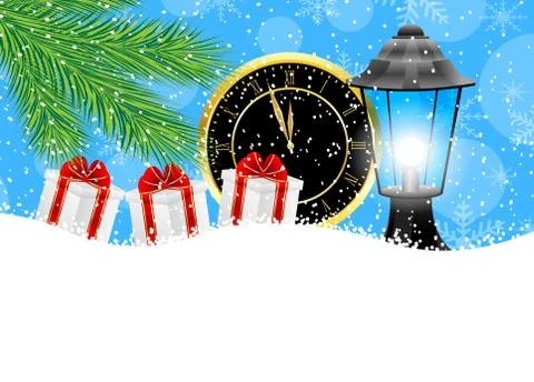 Clock, lantern and gifts with the branches of fir-tree on to snow Stock Illustration