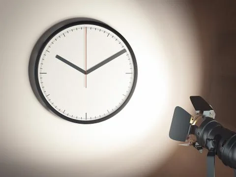 Clock on the light brown wall and searchlight, 3d rendering 스톡 일러스트