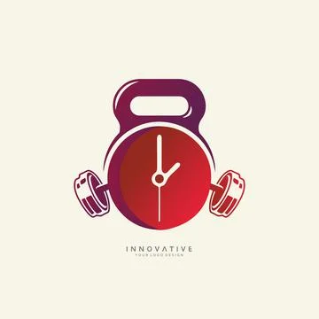 Clock logo design with dumbbell icon. new best health and physical fitness co Stock Illustration