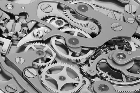 Clock machinery 3D rendering with gears close-up view grayscale Stockillustratie