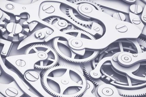 Clock machinery 3D rendering with gears close-up view. Flat fashion colors style Stock Illustration