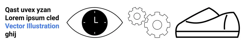 Clock-marked eye, two interlocking gears, outline of sneaker, and text elemen Stock Illustration