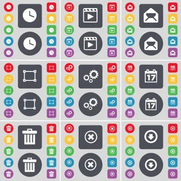 Clock, Media player, Message, Frame, Gear, Calendar, Trash can, Stop, Arrow down Stock Illustration