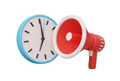 Clock megaphone speaker 3d render illustration in minimal cartoon style iso.. Stock Illustration
