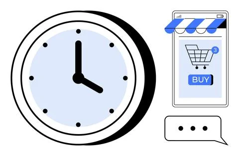 A clock, a mobile device with shopping cart and buy button, and a chat bubble Stock Illustration