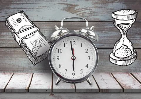 Clock with money notes and timer drawings against wood 스톡 사진