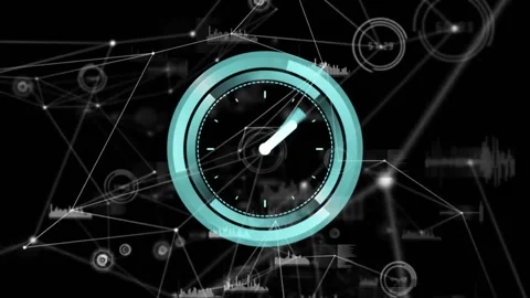 Clock with moving hands and data visualization animation over network Stock Footage 304256157