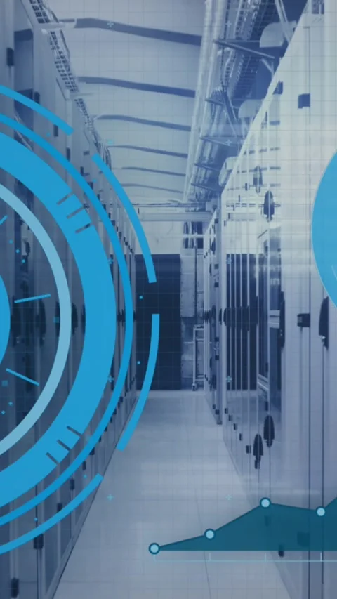 Clock moving over round scanners and in server room against green technology Stock Footage 344723155