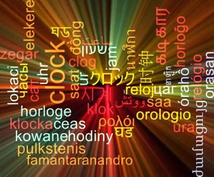 Clock multilanguage wordcloud background concept glowing Stock-Illustration