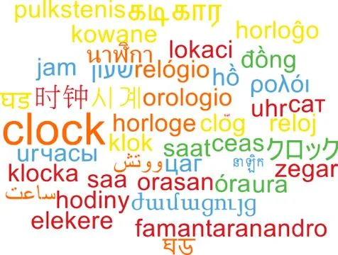 Clock multilanguage wordcloud background concept Stock Illustration