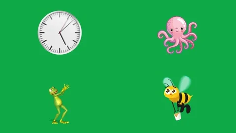 Clock Octopus Frog Bee animation on green screen minimal animated character Stock Footage 334704439
