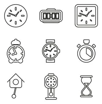 Clock or Watch Icons Thin Line Vector Illustration Set Illustrazione stock
