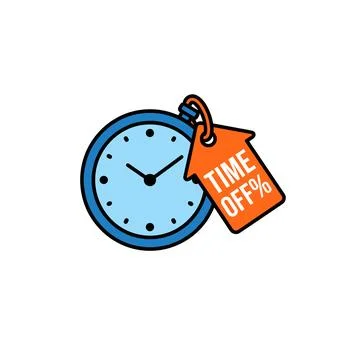 Clock with an orange tag labeled TIME OFF% symbolizing vacation, holiday, or Stock Illustration