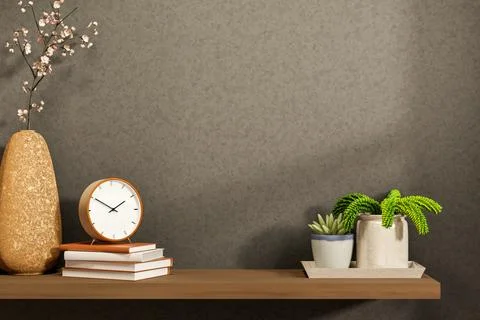 Clock over books aside flower vase and potted plant tray on wooden hanging .. Ilustração Stock