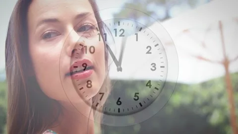 Clock overlay rotating over woman turning from profile to frontal while opening Stock Footage 328329550