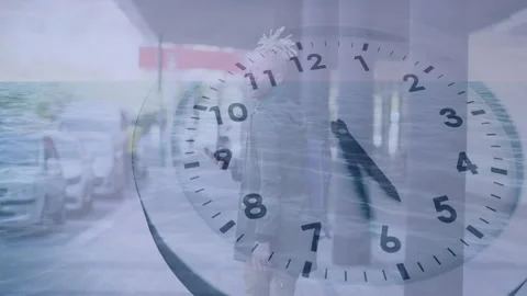Clock overlay showing ocean waves time passage for tech demo with man walking Stock Footage 310969931