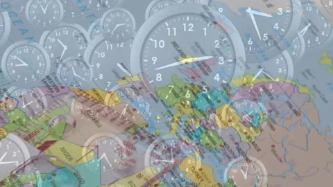 Clock overlay starting map rotating left, tracking time zones on transparent Stock Footage 317465741