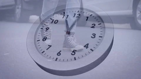 Clock overlay ticking and syncing man's walking steps, highlighting time Stock Footage 312758104