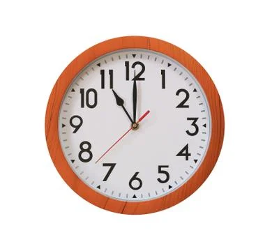 Clock of pattern brown wood in eleven o'clock isolated on white background. Stock Photos
