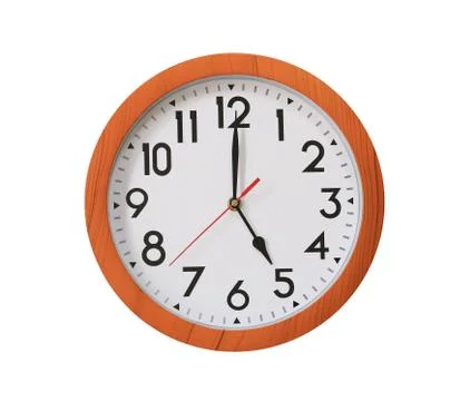 Clock of pattern brown wood in five o'clock isolated on white background. Stock Photos