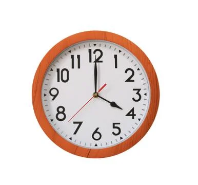 Clock of pattern brown wood in four o'clock isolated on white background. Stock Photos