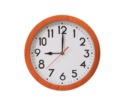 Clock of pattern brown wood in nine o'clock isolated on white background. Stock Photos