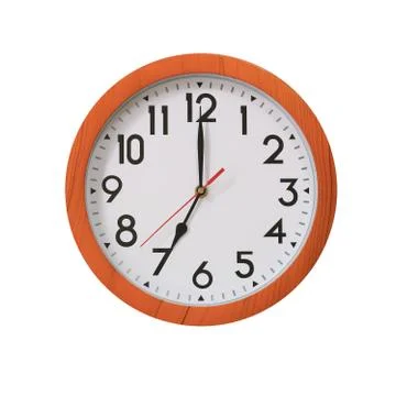 Clock of pattern brown wood in seven o'clock isolated on white background. Stock Photos