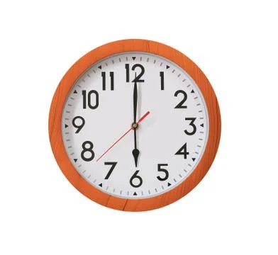 Clock of pattern brown wood in six o'clock isolated on white background. Stock Photos