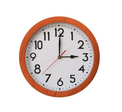 Clock of pattern brown wood in three o'clock isolated on white background. Stock Photos