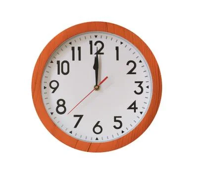 Clock of pattern brown wood in Twelve o'clock isolated on white background. Stock Photos