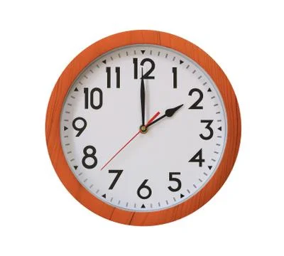 Clock of pattern brown wood in two o'clock isolated on white background. Stock Photos