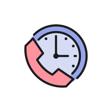 Clock with phone, support time, 24 hours service flat color icon. Illustrazione stock