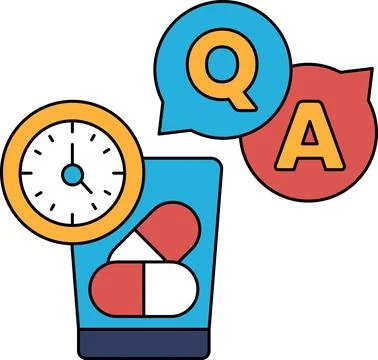 A clock, a pill bottle, and a question mark are all drawn in black Stock Illustration