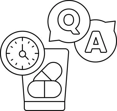 A clock, a pill bottle, and a question mark are all drawn in black Stock Illustration