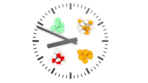 Clock pills. Pill tablet clock. Pill time. Medication Schedule. 3D. 3D render Stock-Illustration