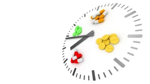 Clock pills. Pill tablet clock. Pill time. Medication Schedule. 3D. 3D render Stock Illustration